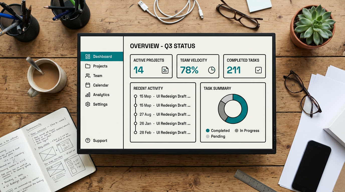 Overhead flat-lay of one clean screen: structured portal with card grid and sidebar — matching companion illustration style.