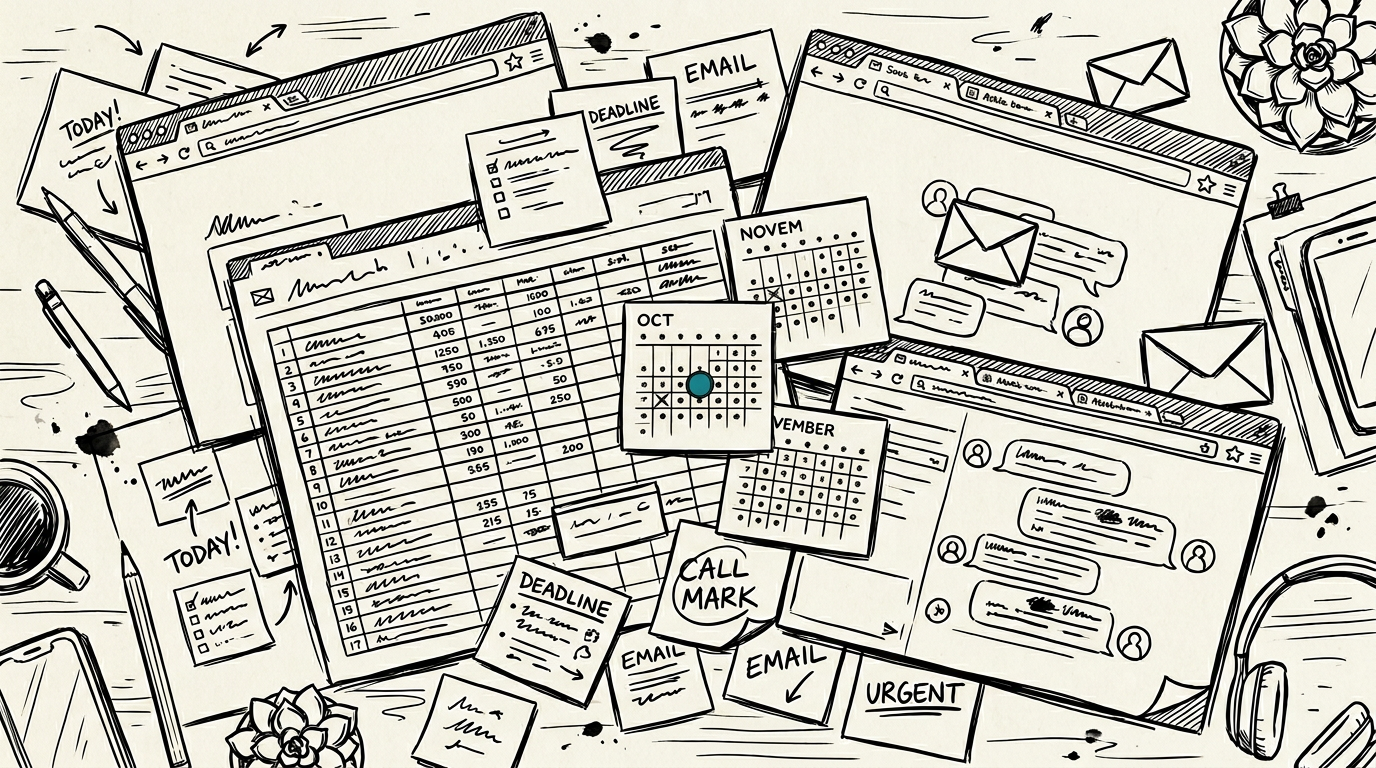 Overhead flat-lay of a chaotic desk: overlapping browser windows, spreadsheets, sticky notes, and alerts — monochrome line art with a hint of teal.